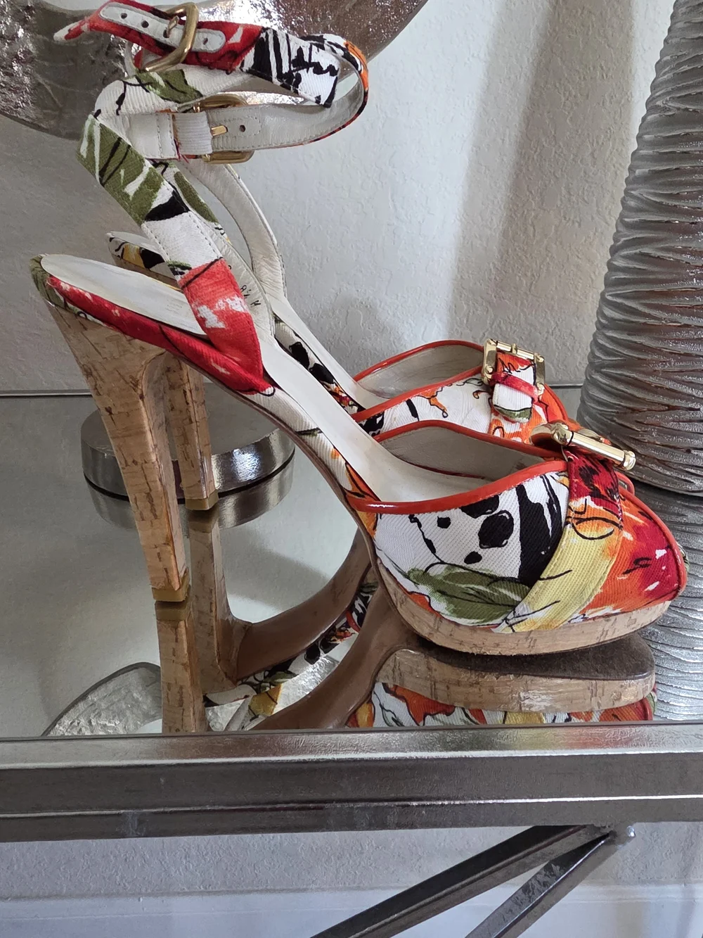 Stuart Weitzman Floral Multi-Color Cork Platform Ankle-Strap Heels - Picture 1 of 7